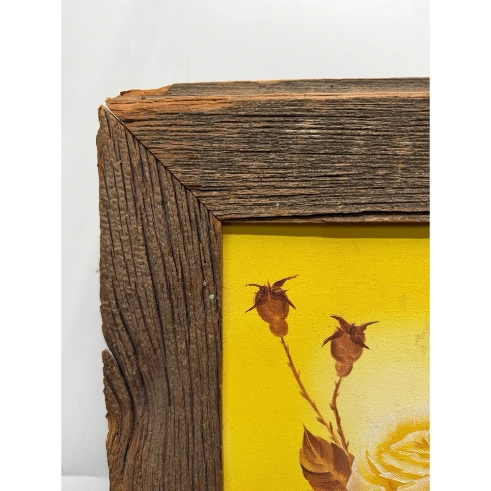 MCM Yellow Roses Oil Painting Carved Wood Frame Aged Vintage Sweet